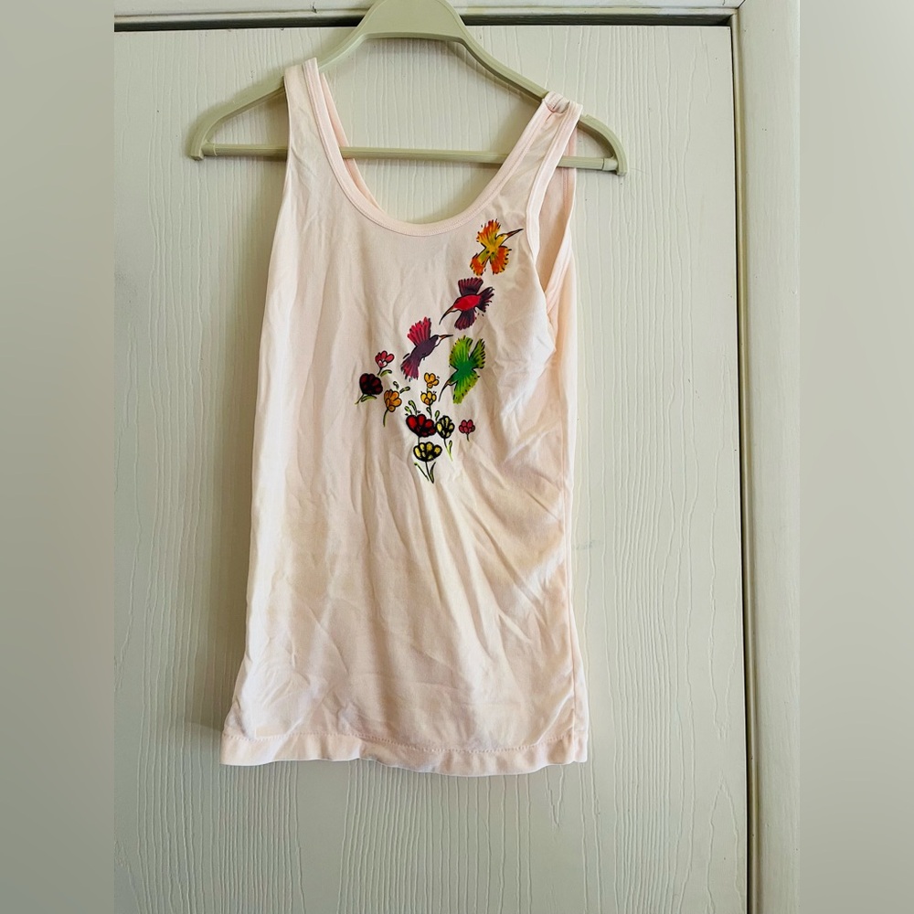 Vintage 60s 70s embroidered hippie bird floral nylon thin tank top S
